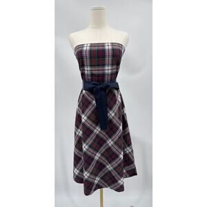 Tommy Hilfiger Strapless Plaid A Line Dress Navy Bow Detail Size 8 Nwt
